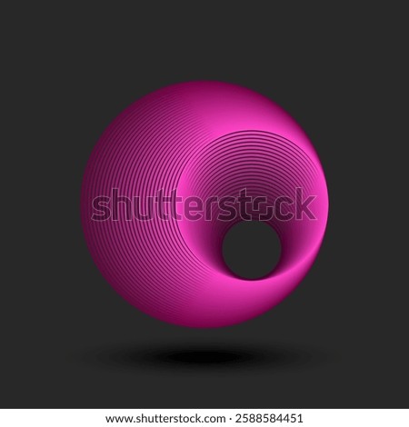 Futuristic abstract sphere logo 3d circular vortex shape with smooth gradient lines in vibrant magenta, creating an illusion of depth and movement on a dark background.