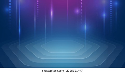 Um palco abstrato futurista com uma plataforma geométrica de várias camadas, vigas de luz verticais e um brilho gradiente em tons azuis e roxos simboliza a tecnologia digital e apresentações modernas.
