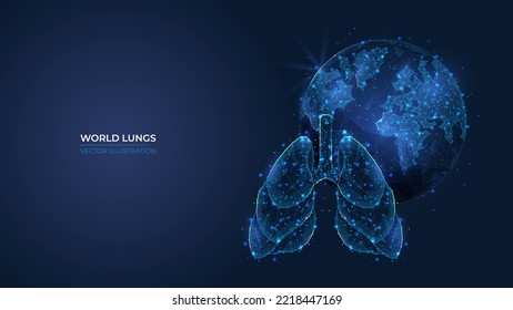 Futuristic abstract symbol blue planet earth and lungs. Concept blue air pollution, saving the planet, ecology. Low poly geometric 3d wallpaper background vector illustration.