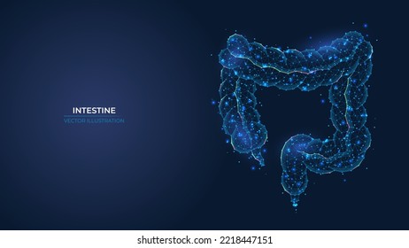 Futuristisches abstraktes Symbol des menschlichen Darms. Konzept für gastrointestinale Schmerzen und Krebsbehandlung. Low-Poly-geometrische 3D-Bildschirmhintergrund, Vektorgrafik.