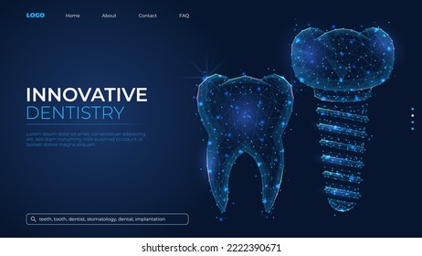 Futuristic abstract symbol of a tooth and dental implant. Wireframe dental clinic concept. Low poly geometric 3d wallpaper background vector illustration.