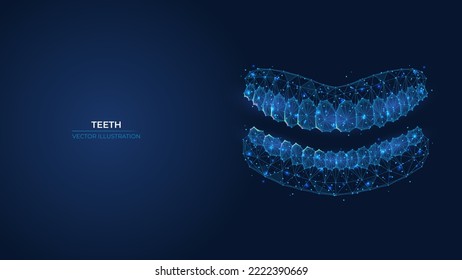 Futuristic abstract symbol of the upper and lower row of teeth. Wireframe dental clinic concept. Low poly geometric 3d wallpaper background vector illustration.