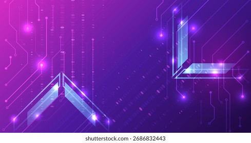Futuristic abstract tech background with glowing circuit lines and geometric shapes in purple and blue hues. Perfect for digital, innovation, and technology themes.