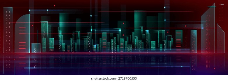 Panorama urbano futurista e abstrato, com brilhantes arranha-céus de néon e linhas de rede digital, com luminosos feixes de dados verdes e vermelhos e edifícios inteligentes na paisagem cyberpunk.