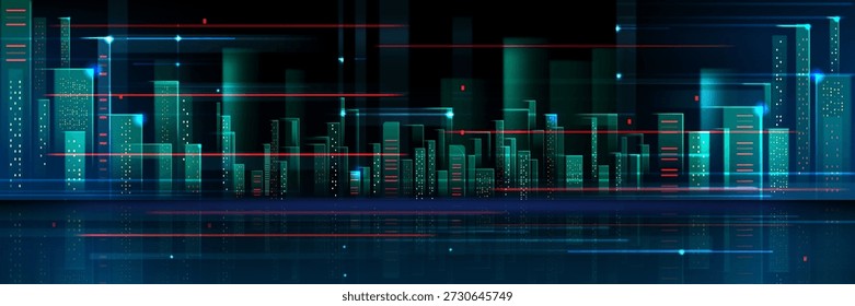 Futuristic abstract tech cityscape background with glowing neon skyscrapers and digital network lines. urban bg with luminous green and red data beams and smart buildings in cyberpunk landscape.
