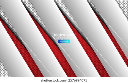 Futuristic abstract technology background with diagonal red and white lines on a hexagonal pattern. 