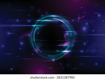 Futuristic abstract technology background featuring a glowing circular digital interface surrounded by neon blue and purple light, grid patterns, flowing data waves, and connected network elements. The dark high-tech composition represents artificial intelligence, cybersecurity, cloud computing, digital transformation, data analytics, innovation, and global connectivity. Suitable for business presentations, technology websites, software interfaces, corporate branding, advertising, banners, and modern digital design projects.