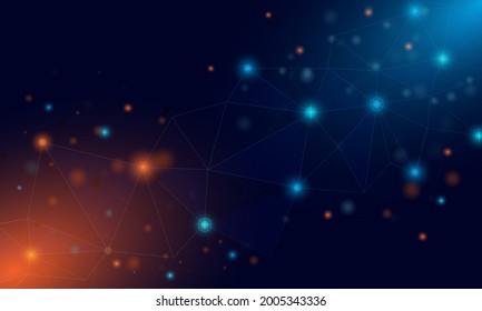 Futuristic Abstract Technology Background. Geometric Vector With Orange And Blue Light Star. Network Connecting Polygon Concept.