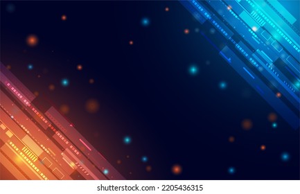 Futuristic abstract technology background. Geometric vector with orange and blue light star. Network connecting polygon concept.