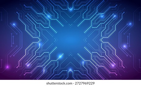 Fondo de tecnología abstracta futurista con líneas de circuito brillantes simétricas que forman una forma de X. Concepto de red digital, IA, procesamiento de datos, ciberseguridad e innovación.