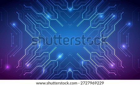 Futuristic abstract technology background with symmetrical glowing circuit lines forming an X shape. Concept of digital network, AI, data processing, cybersecurity and innovation.