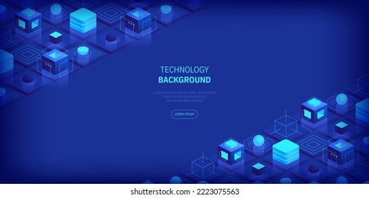 Futuristic abstract technology and communication network background. Conveying connectivity, complexity and data flood. Vector isometric technology connection digital data and big data concept.
