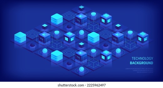 Futuristische abstrakte Technologie und Kommunikationsnetzhintergrund. Konnektivität, Komplexität und Datenflut. Vektor isometrische Technologie verbindet digitale Daten und Big Data Konzept.