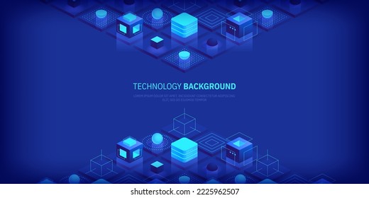 Futuristic abstract technology and communication network background. Conveying connectivity, complexity and data flood. Vector isometric technology connection digital data and big data concept.