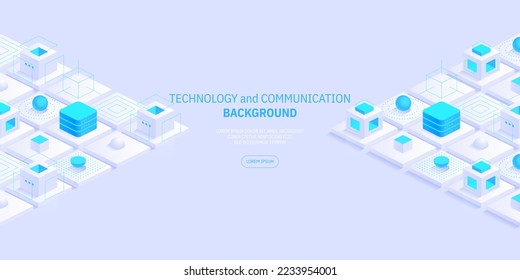 Futuristische abstrakte Technologie und Kommunikationsnetzhintergrund. Konnektivität, Komplexität und Datenflut. Vektor isometrische Technologie verbindet digitale Daten und Big Data Konzept.