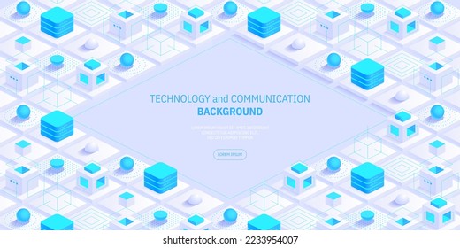 Futuristic abstract technology and communication network background. Conveying connectivity, complexity and data flood. Vector isometric technology connection digital data and big data concept.