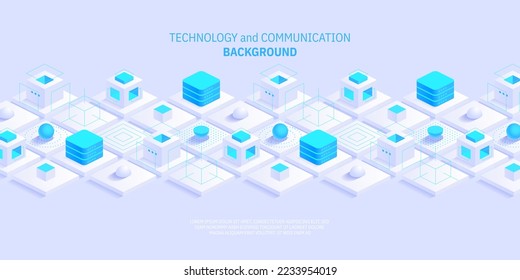 Futuristic abstract technology and communication network background. Conveying connectivity, complexity and data flood. Vector isometric technology connection digital data and big data concept.