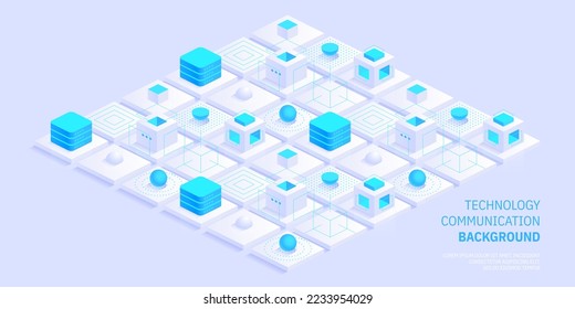 Futuristic abstract technology and communication network background. Conveying connectivity, complexity and data flood. Vector isometric technology connection digital data and big data concept.