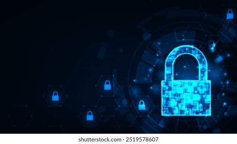 Futuristic abstract technology security concept lock on dark blue background.