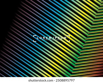 Tecnologia abstrata futurista brilhando linhas de luz arco-íris com linhas modernas padrão fundo preto. Fundo de linha mínimo de vetor com texto para capas de mídia social, cabeçalhos, etc.