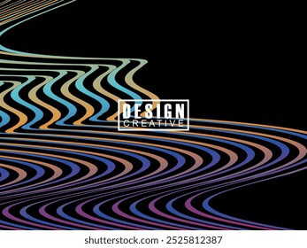 Tecnología abstracta futurista que brilla líneas de luz del arco iris sobre fondo negro patrón de línea de onda moderna. Fondo de línea mínima de Vector con texto para portadas de redes sociales, encabezados, etc.