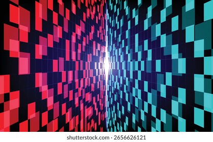 Túnel de tecnologia abstrata futurista com blocos digitais vermelhos e azuis brilhantes em perspectiva, representando fluxo de dados, rede binária, corredor virtual, comunicação cibernética.