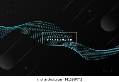 Futuristic abstract tiffany blue gradient dot wave line vector on Memphis black background, dotted metal blued steel digital dynamic elegant flow, technology web, poster, card print design template