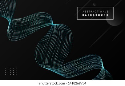 Futuristic abstract tiffany blue gradient dot wave line vector on Memphis black background, dotted metal blued steel digital dynamic elegant flow, technology web, poster, card print design template