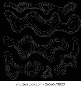 Linhas de Contorno Topográfico Abstrato Futurista no Fundo Preto para Design de Mapa Geométrico e Visualização Digital

