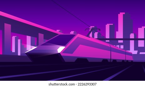 Futuristic abstract tram rides on rails in the evening city. Public transport horizontal illustration.