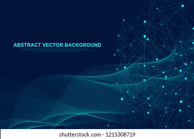 Futuristic abstract vector background blockchain technology. Peer to peer network business concept. Global cryptocurrency blockchain vector banner. Flowing lines, waves, dots.