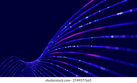 Futuristic abstract vector background with flowing neon lines and glowing particles forming a dynamic wave pattern on a blue background. Big data processing, artificial intelligence, digital networks