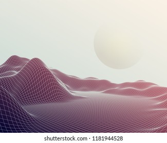 Futuristic abstract vector mesh mountains. Cyberspace grid landscape