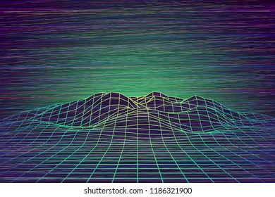Futuristic abstract vector mesh mountains with glitch. Cyberspace grid landscape in green colors