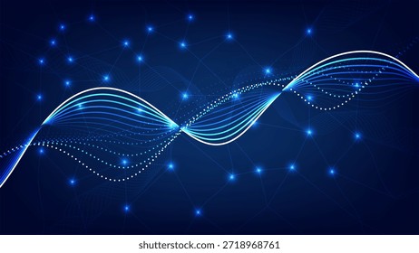 Fondo de onda abstracto futurista con líneas azules que fluyen, puntos brillantes y nodos de red conectados que representan datos y tecnología