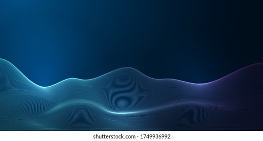 Futuristic abstract wave science, technology banner with glowing line grid on dark blue background. Modern design vector illustration.