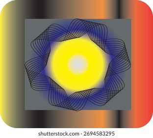 Gráfico de wireframe abstrato futurista. Linhas pretas enquadram um núcleo de gradiente amarelo e azul luminoso em um quadrado cinza. Vetor de alta energia de fundo para cósmico, tecnologia e marca digital moderna.