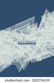 Futuristic abstraction. Chaotic thin lines on dark azure background. Complicated vertical vector graphic pattern