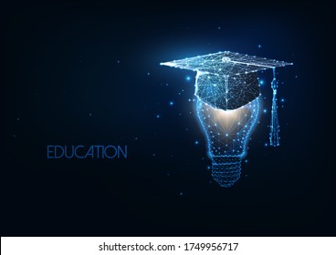 Futuristic academic education, graduation concept with glowing low polygonal graduating cap and light bulb isolated on dark blue background. Modern wire frame mesh design vector illustration. 