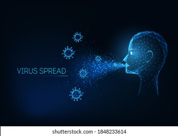 Futuristic Aerosol And Droplets Transmission Of Covid-19 Concept Glowing Low Polygonal Human Head And Airborne Coronavirus Infection On Dark Blue Background.