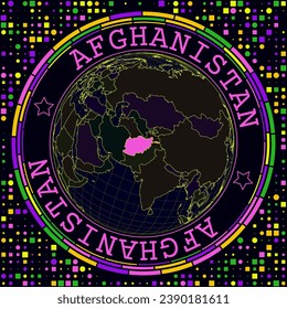 Futuristic Afghanistan on globe. Bright neon satellite view of the world centered to Afghanistan. Geographical illustration with shape of country and geometric background.