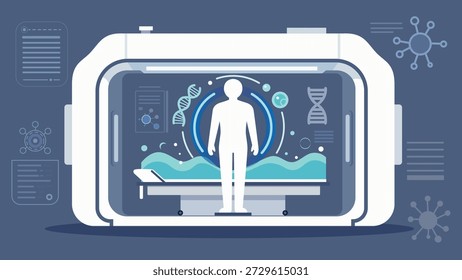 Futuristic age reversal technology vector illustration. Anti-aging concept with human figure in a medical science pod. Biotechnology and genetic research interface. Modern flat design