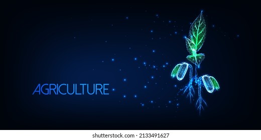 Futuristic Agriculture concept with glowing low polygonal plant sprouts isolated on dark blue