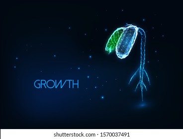 Futuristic agriculture growth concept with glowing low polygonal green bean sprout with leaves, seed, stem and root on dark blue background. Modern wire frame mesh design vector illustration.