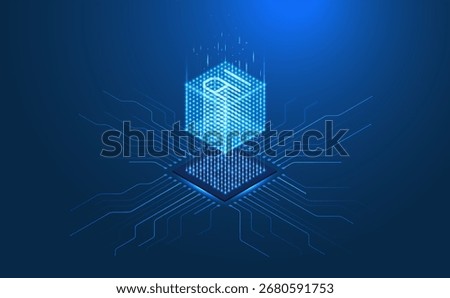 Futuristic AI 3D cube in isometric projection. Glowing chip. circuit board, data processor. Abstract digital background. Machine learning, computer network, artificial intelligence technology concept.