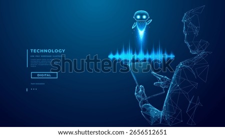 Futuristic AI assistant concept. Digital human with tablet interacts with glowing chatbot and sound wave. Smart voice bot, artificial intelligence, virtual communication. Tech Blue Vector Illustration