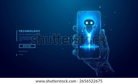 Futuristic AI assistant interacting via smartphone. Digital human holds mobile device, glowing chatbot emerges with sound waves. Concept of voice app, AI, smart tech. Technology Vector Illustration
