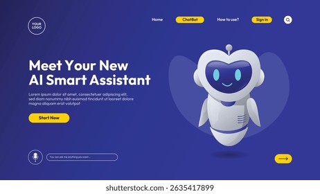 Futuristic AI assistant landing page with chatbot robot, voice input, glowing UI elements and modern interface. Friendly design for websites, apps, or tech startups.