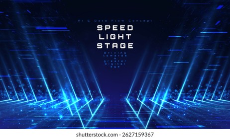 Futuristic AI background and digital data flow, speed light stage concept, blue light backdrop and glowing particles conveying data movement and internet connection technology.