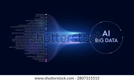 Futuristic AI big data processing concept. Glowing binary code flowing through digital funnel into data analytics dashboards analysis charts graphs. Agentic AI data technology information background.